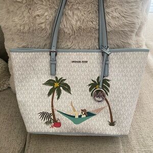 Michael Kors Cream and Blue Palm Tree Tote